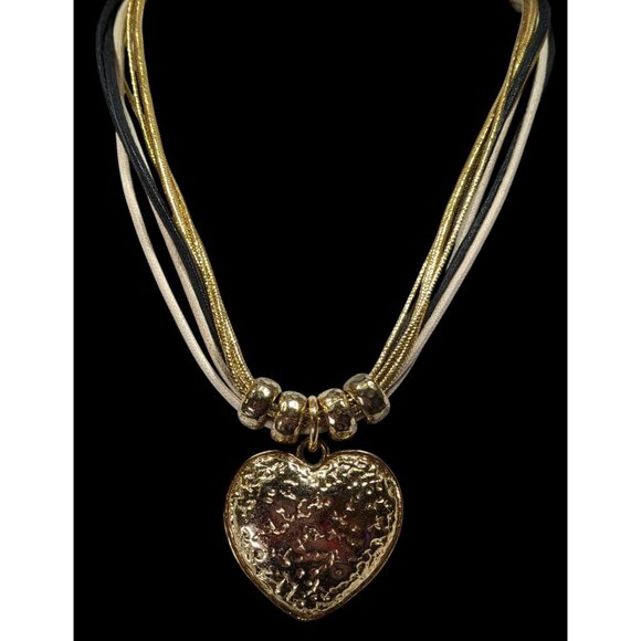 Funky Glam Textured Heart Gold Tone And Tan Pendant Necklace - Picture 2 of 6